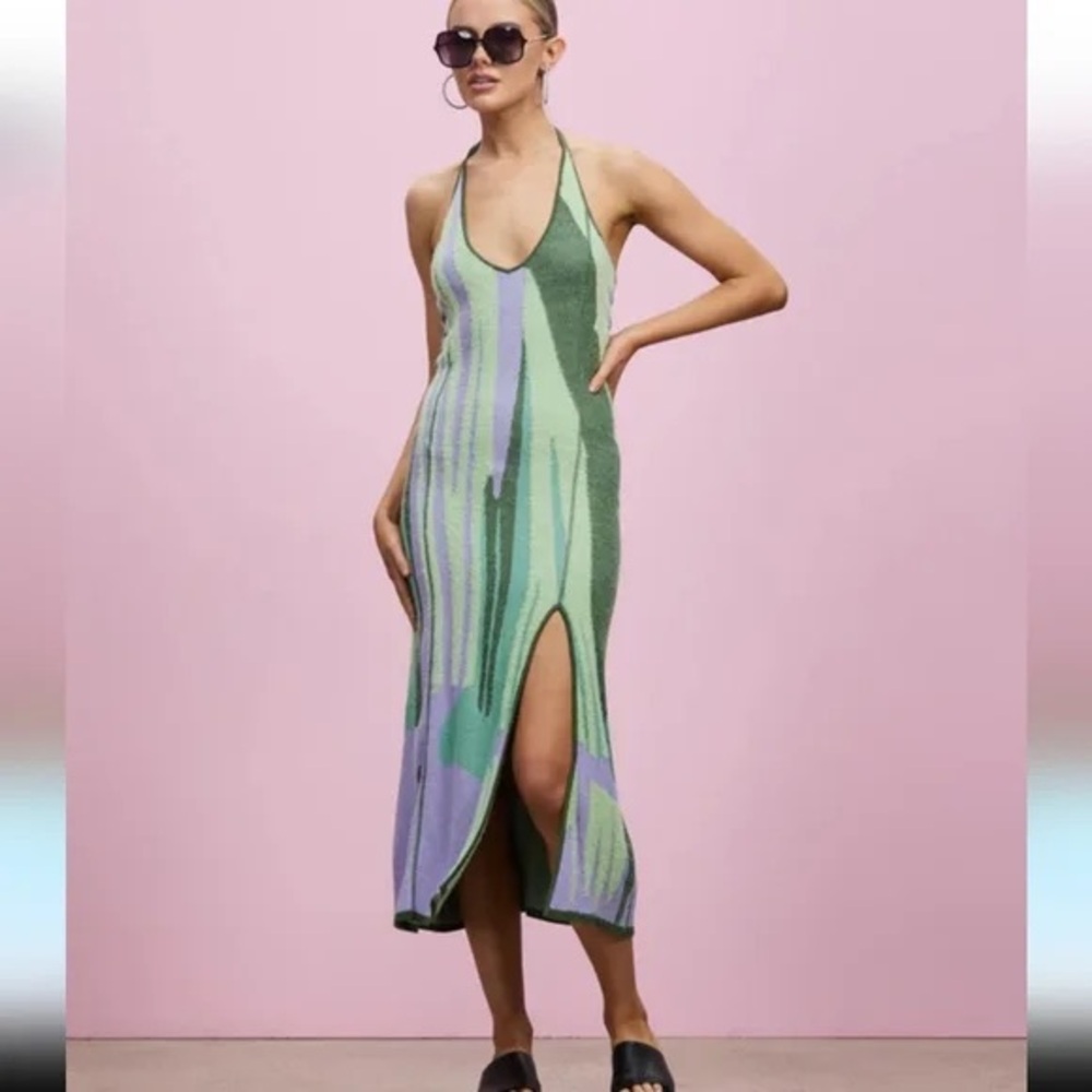 House of Sunny Multicolor Striped Halter Midi Dress in Green and Lavender